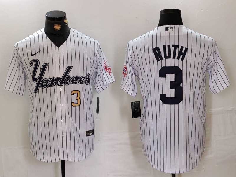 Mens New York Yankees #3 Babe Ruth White Pinstripe Fashion Cool Base Jerseys